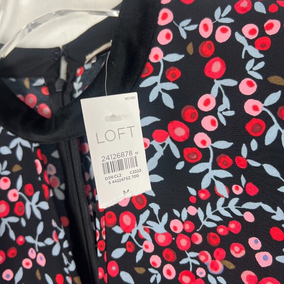 NWT LOFT Long Sleeve Berry Print Velvet Trim Shift Dress Size Medium M NEW - Picture 9 of 14